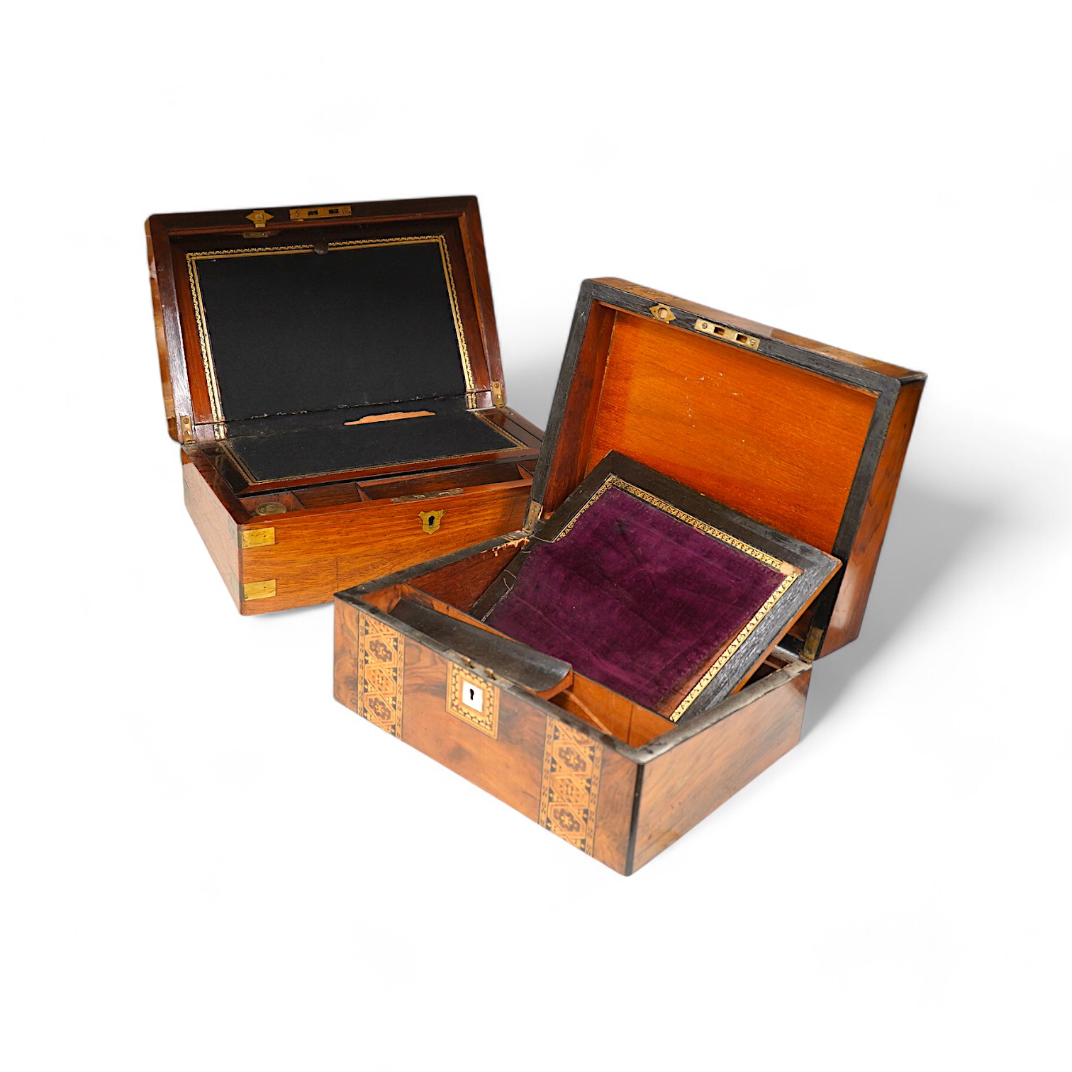 A mahogany brass mounted 19th century writing box and a walnut inlaid and mother of pearl writing box, brass mounted box, 35cm wide. Condition - exterior good, felt on slope torn.